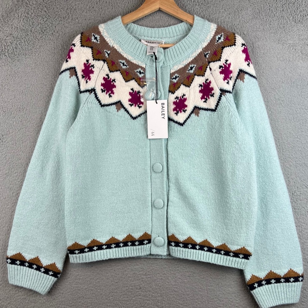 New Bailey 44 Womens Fair Isle Knit Cardigan Sweater Mint Green Size Medium - Picture 1 of 9